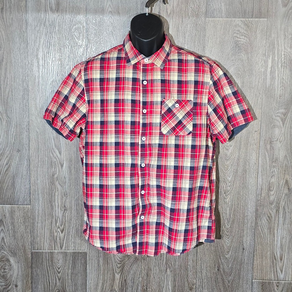Flag & Anthem Plaid Button‎ Down Short Sleeve Shirt Large Multicolor Cotton